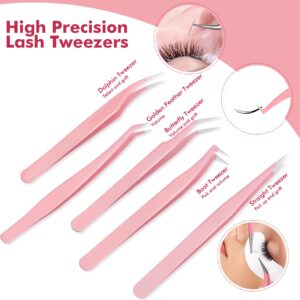 5 Pieces Eyelash Tweezers Sets, High Precision Stainless Steel Eyelash Extension Tweezers with Box, Straight and Curved Tip Tweezers, Eyelash Extension Volume Tweezers for Lash Extensions