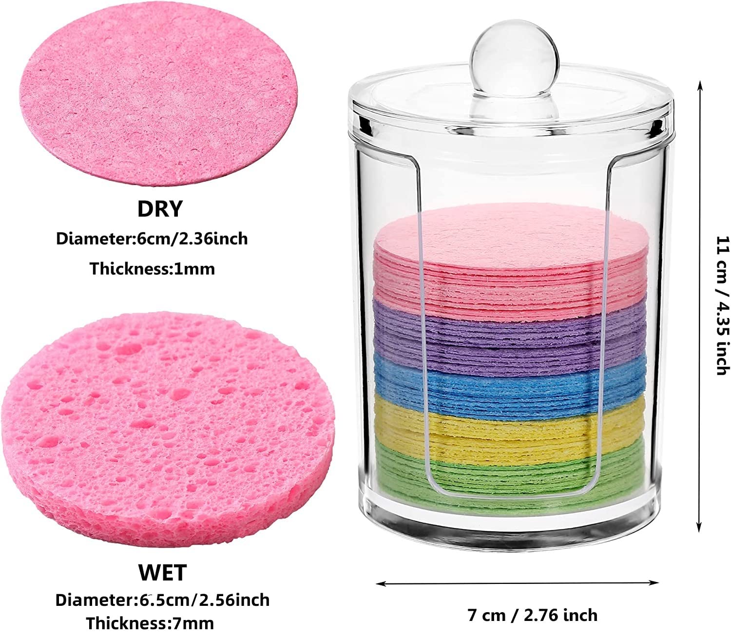 50-Count Compressed Natural Facial Sponges for Face Cleansing, Reusable Cosmetic Sponge, Used for Exfoliating and Makeup Removal With Clear Plastic Storage Jar (Colourful, 50pcs）