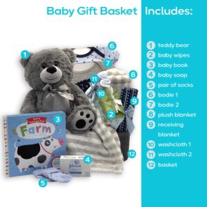 Baby Boy Gift Basket Set Great for Newborn Essentials, New Baby Gift Basket Kit, Baby Shower Gifts, Welcome Home Bundle for Boys, Gender Reveal, Congratulations to New Mom, New Baby Registry Box, More