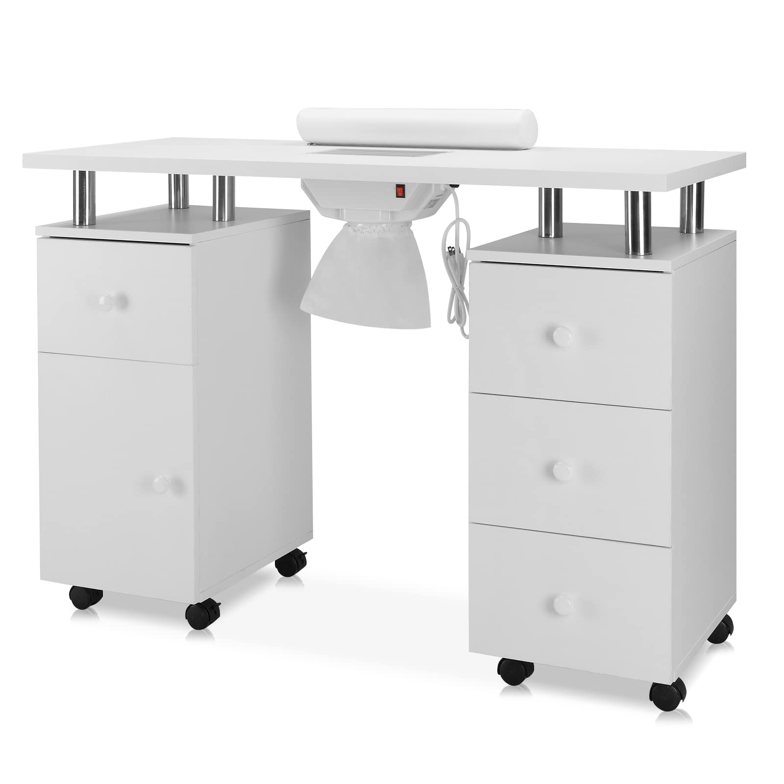 OmySalon Manicure Table Nail Desk for Nail Tech, Nail Table Station w/Electric Dust Collector, Nail Makeup Storage for Beauty Salon Acetone Resistant w/Lockable Wheels,Wrist Cushion,Drawers & Cabinet