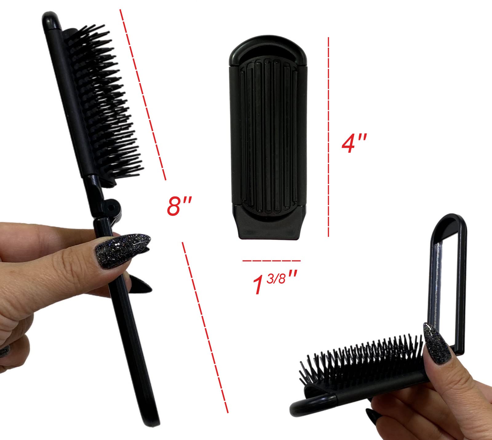 ALAZCO Folding Hair Brush With Mirror Compact Pocket Size Travel Car Gym Bag Purse Locker Swimming Camping Sleepover Gift and more (2 Black)