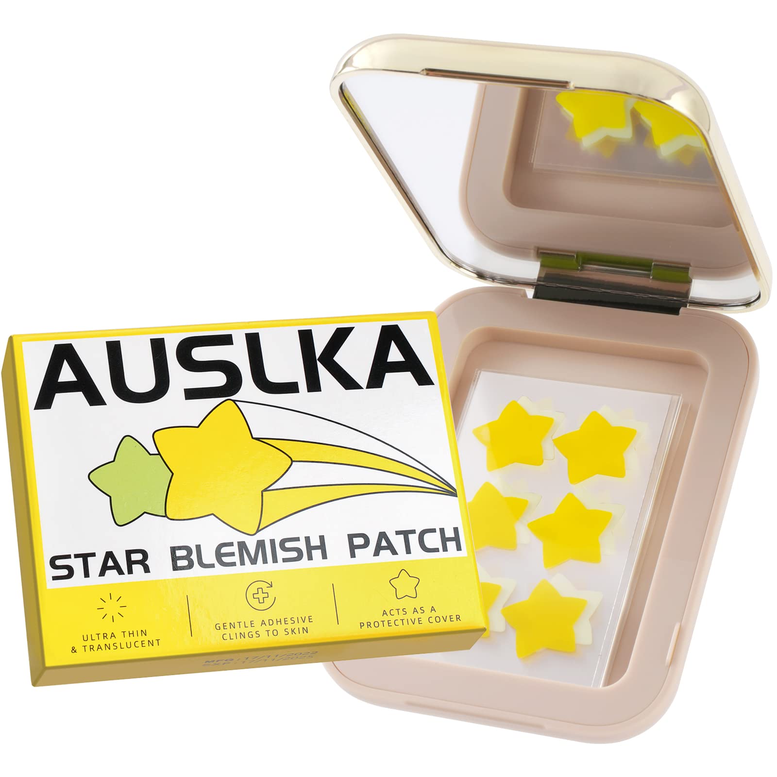 AUSLKA Star Blemish Patch - Hydrocolloid Spot Dots With Mirror 60 Count - Blemishes Patch - Zit Stickers - Cute Star Shape - Green & Yellow - Vegan And Cruelty-Free Skincare