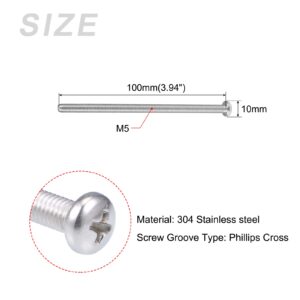 METALLIXITY Machine Screws (M5x100mm) 10Pcs, Phillips Cross Pan Bolts 304 Stainless Steel - for Furniture Installation, Mechanical Fasteners, Office Equipment