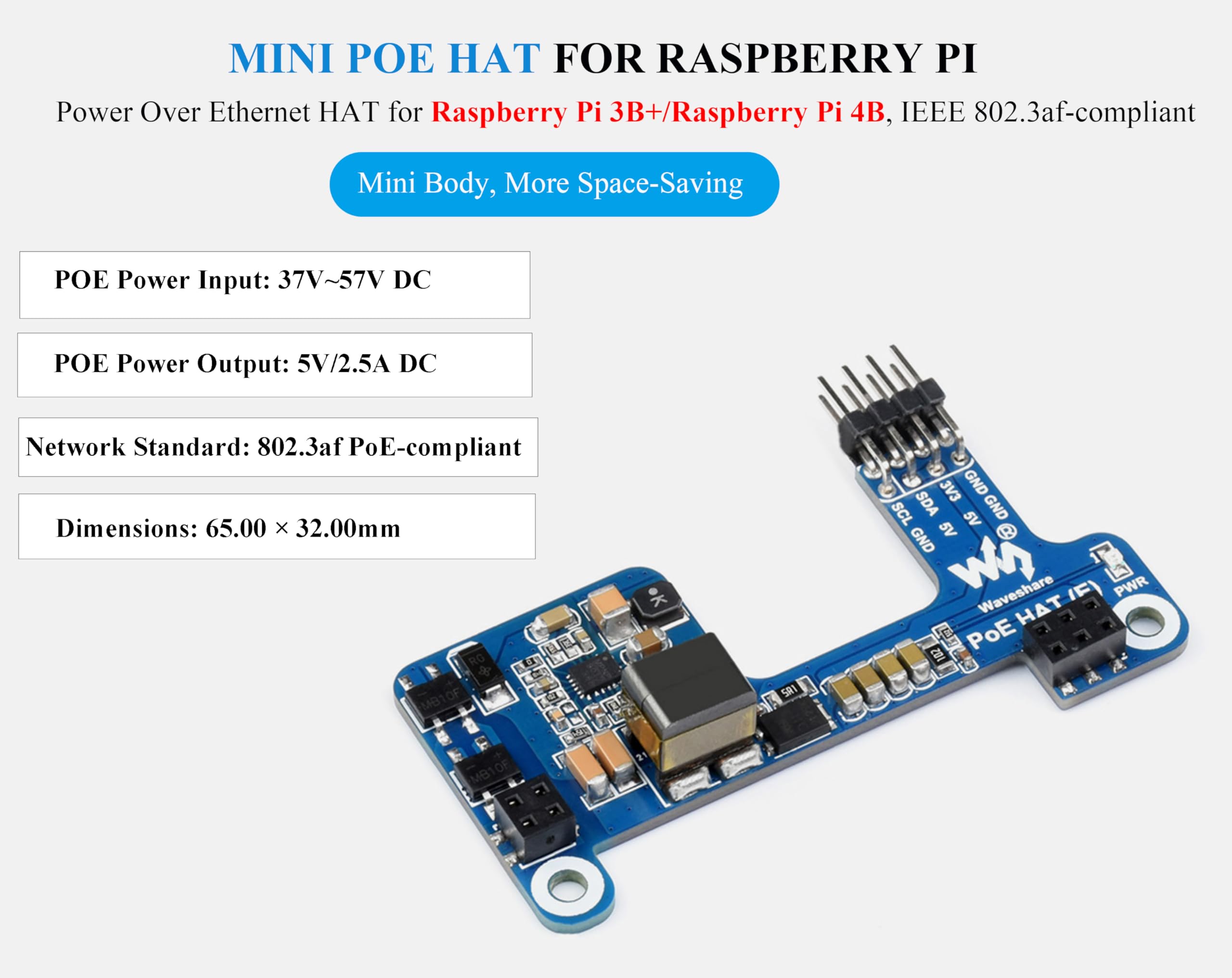 PoE HAT for Raspberry Pi 4B/Raspberry Pi 3B+, Power Over Ethernet (PoE) Support 802.3af PoE Network Standard, Compatible with Raspberry Pi Official Case, Support Connecting Cooling Fan