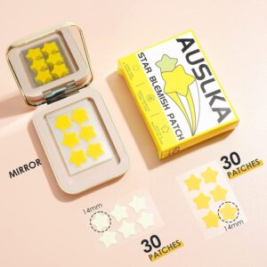 AUSLKA Star Blemish Patch - Hydrocolloid Spot Dots With Mirror 60 Count - Blemishes Patch - Zit Stickers - Cute Star Shape - Green & Yellow - Vegan And Cruelty-Free Skincare