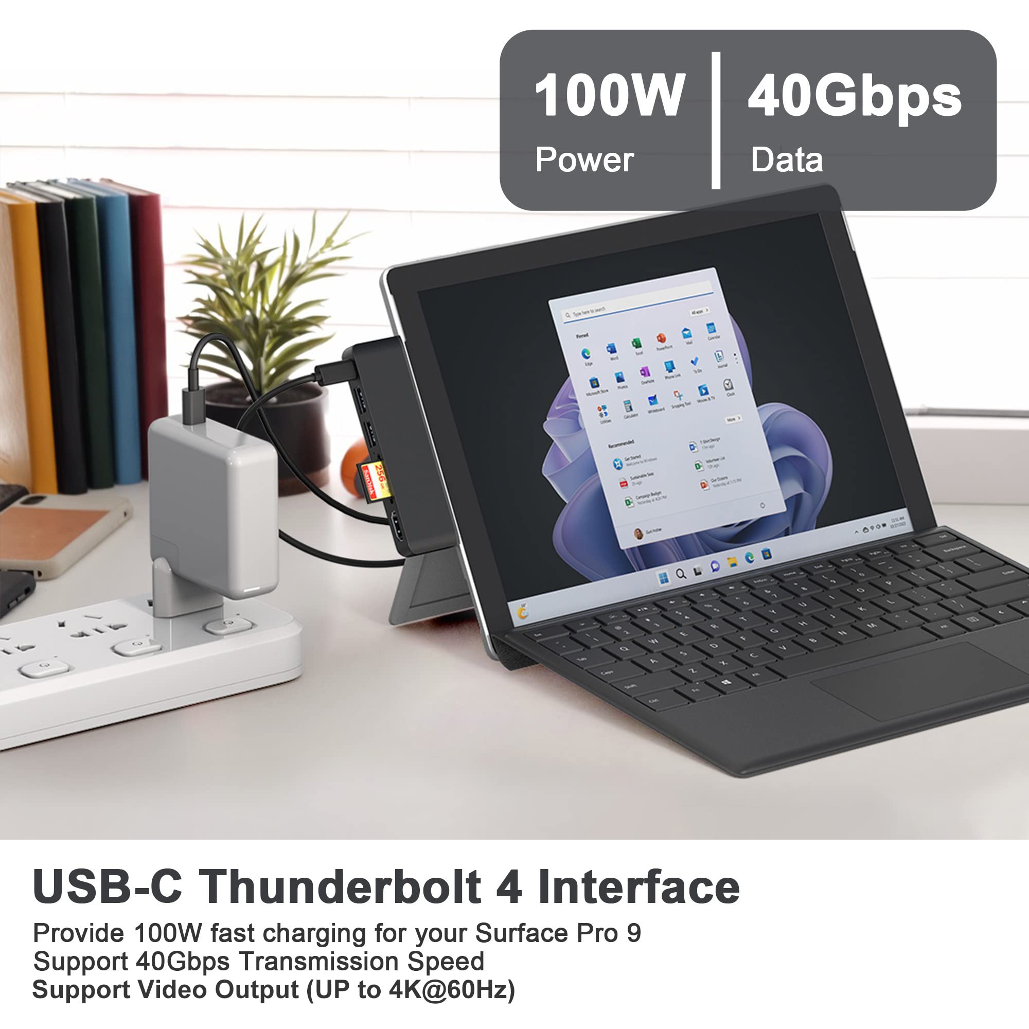 Surface Pro 9/Pro 11 Hub Docking Station Multi Port 6-in-2 with Thunerbolt4 USBC 4K Display 40Gbps Data PD Charging | HDMI | USB3.0 | microSD TF SD Card Reader for Microsoft Surface Pro 9/10/11/X