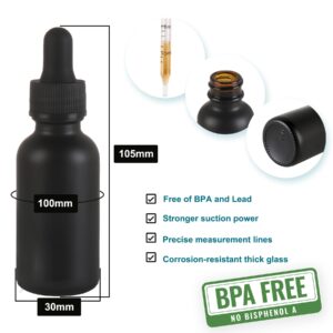 NOOEEISS 24 Pack,1oz Glass Dropper Bottle, Frosted Black Tincture Bottles with Dropper,Pretty Finish for All Kinds of Liquids,Oil Bottles for Hair- Stronger Suction ideal for Leakproof Travel