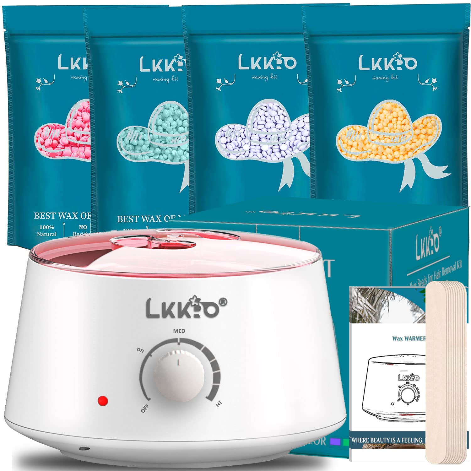 LKKRO Waxing Kit, Wax Warmer Hair Removal for Women, Brazilian Wax Melting Pot, Home Waxing Hair Removal kit with 4 Bags Hard Wax Beans & 10 Applicator Sticks, for Body, Legs, Face, Underarm, Bikini,