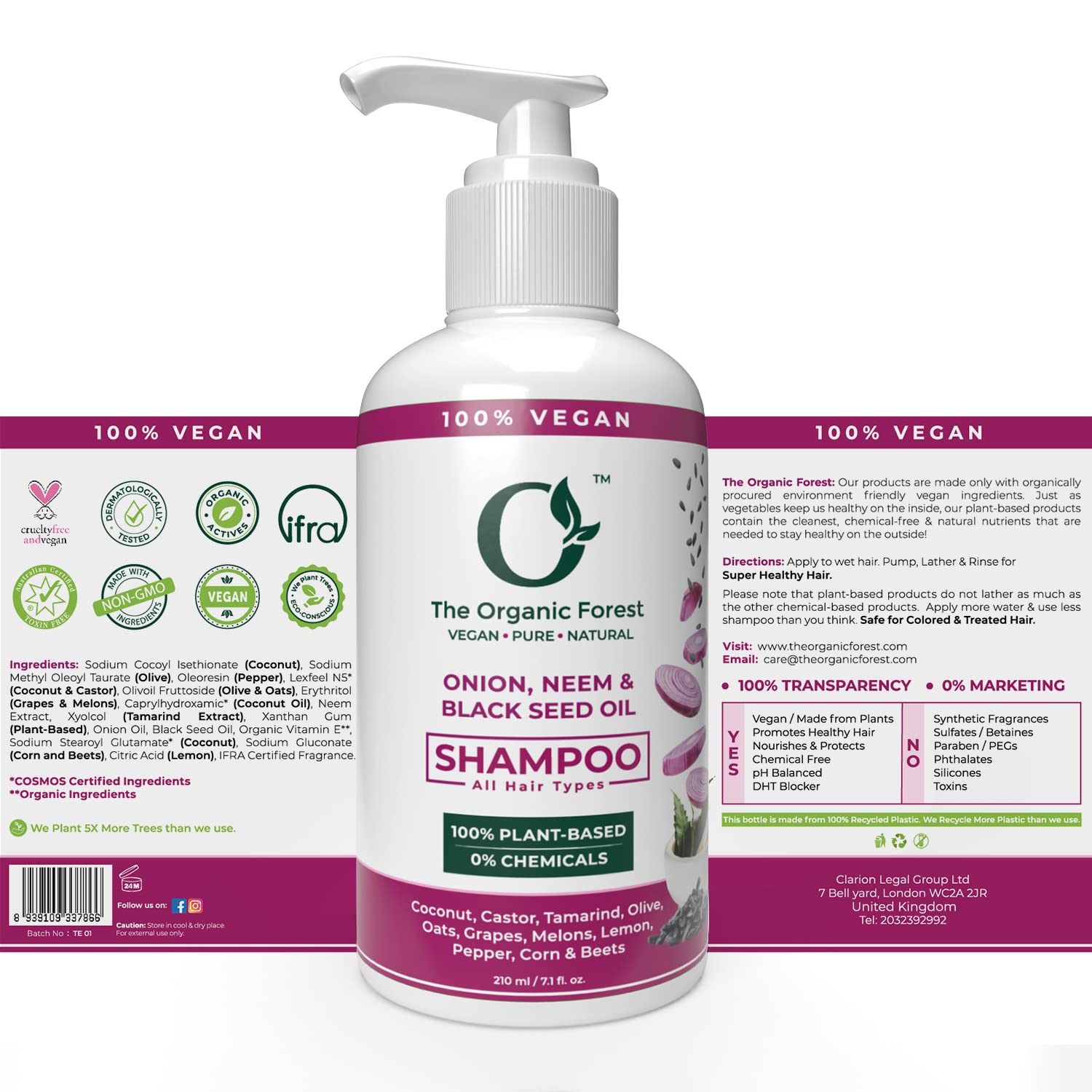 Onion Neem & Black Seed Oil Shampoo for Dull, Dry, Damaged Hair - Reduces Hair Fall, Breakage, and Scalp Itching | SLS and Sulphate-Free Natural Formula