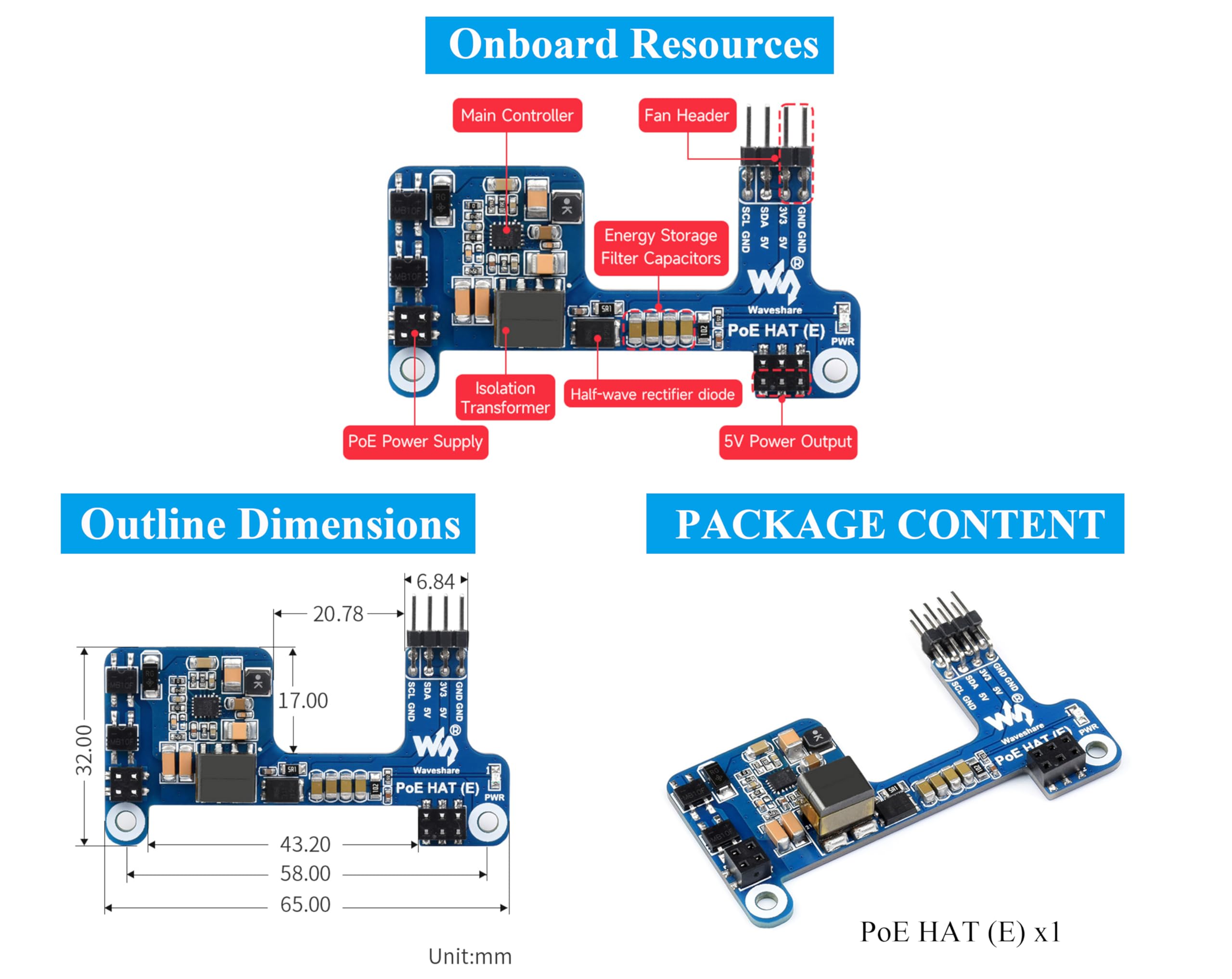 PoE HAT for Raspberry Pi 4B/Raspberry Pi 3B+, Power Over Ethernet (PoE) Support 802.3af PoE Network Standard, Compatible with Raspberry Pi Official Case, Support Connecting Cooling Fan