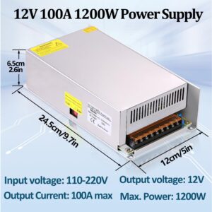 DC 12V 100A 1200W Switching Power Supply Adapter PSU AC-DC 12Volt Industrial Transformer Converter SMPS 110V/220V for Motor Pump LED Drive CCTV Security Camera Car Stereo and More 12V Device