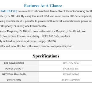 PoE HAT for Raspberry Pi 4B/Raspberry Pi 3B+, Power Over Ethernet (PoE) Support 802.3af PoE Network Standard, Compatible with Raspberry Pi Official Case, Support Connecting Cooling Fan