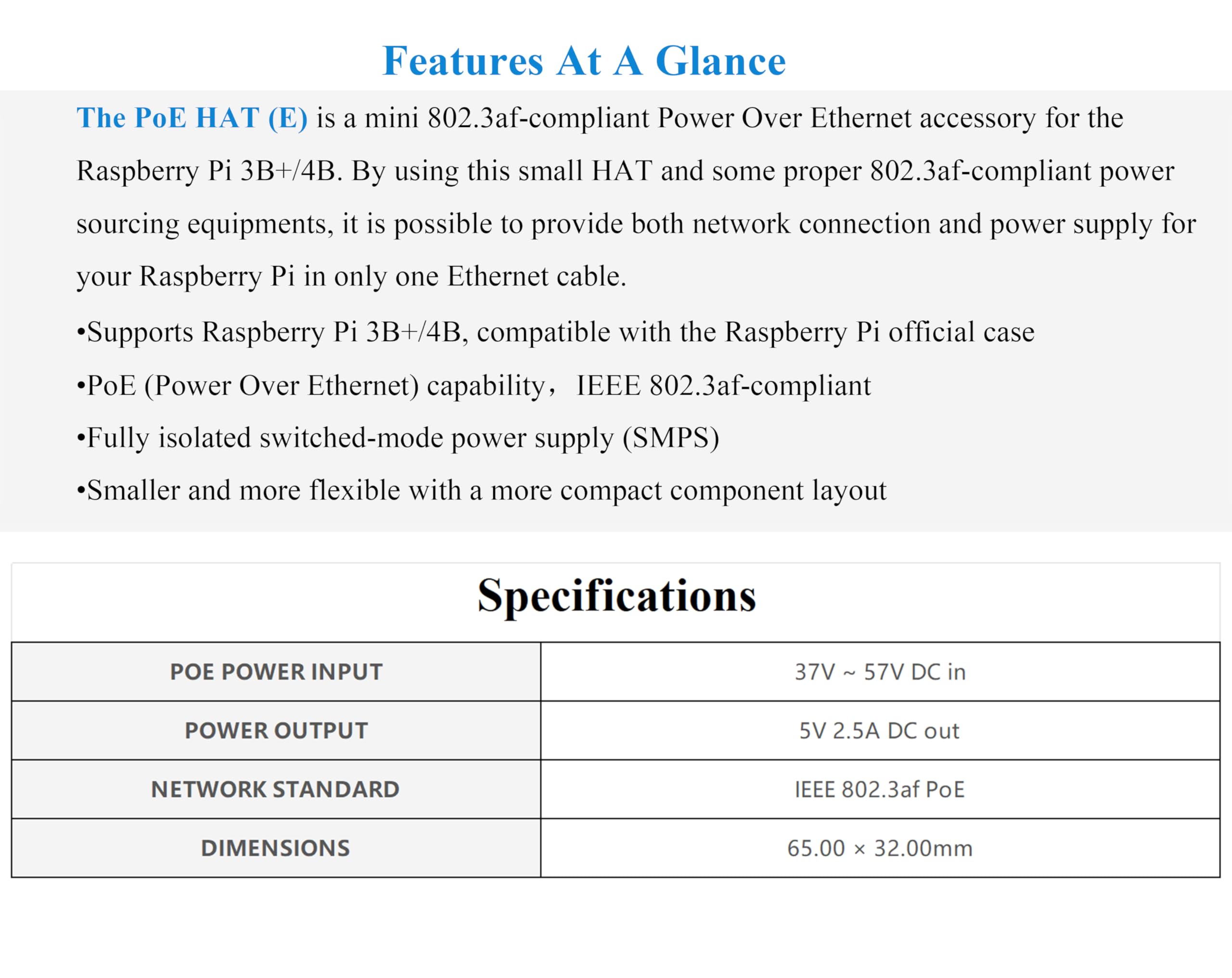 PoE HAT for Raspberry Pi 4B/Raspberry Pi 3B+, Power Over Ethernet (PoE) Support 802.3af PoE Network Standard, Compatible with Raspberry Pi Official Case, Support Connecting Cooling Fan