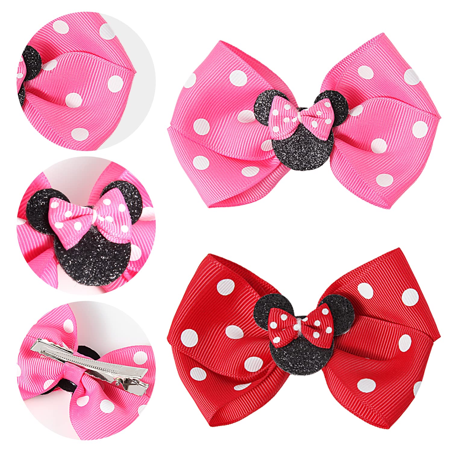 RCJERA Hair Clip, Baby Girl Mouse Ears Hair Bows Clips, 4pcs Polka Dot Hair Accessory for Baby Kids Girls Women, Mice Hair Accessories for Glitter Party Princess Decoration Cosplay