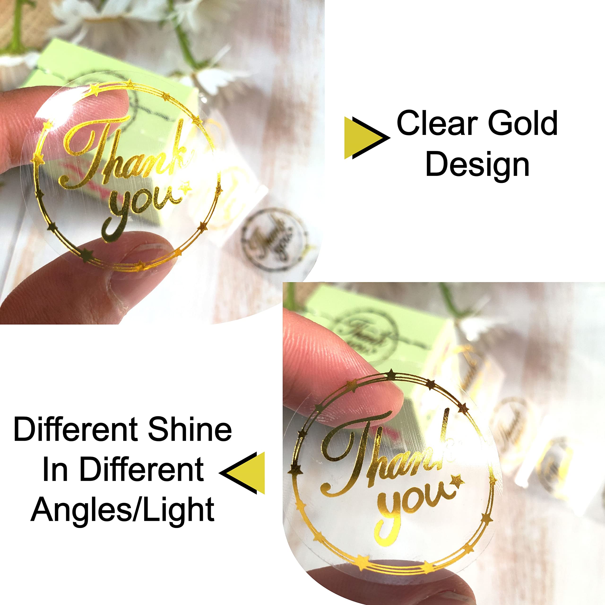 Masper 1.5 inches/500 Thank You Stickers in 6 Clear Gold Foil Designs, Thank You Stickers for Small Business Cards Envelpoes Gifts