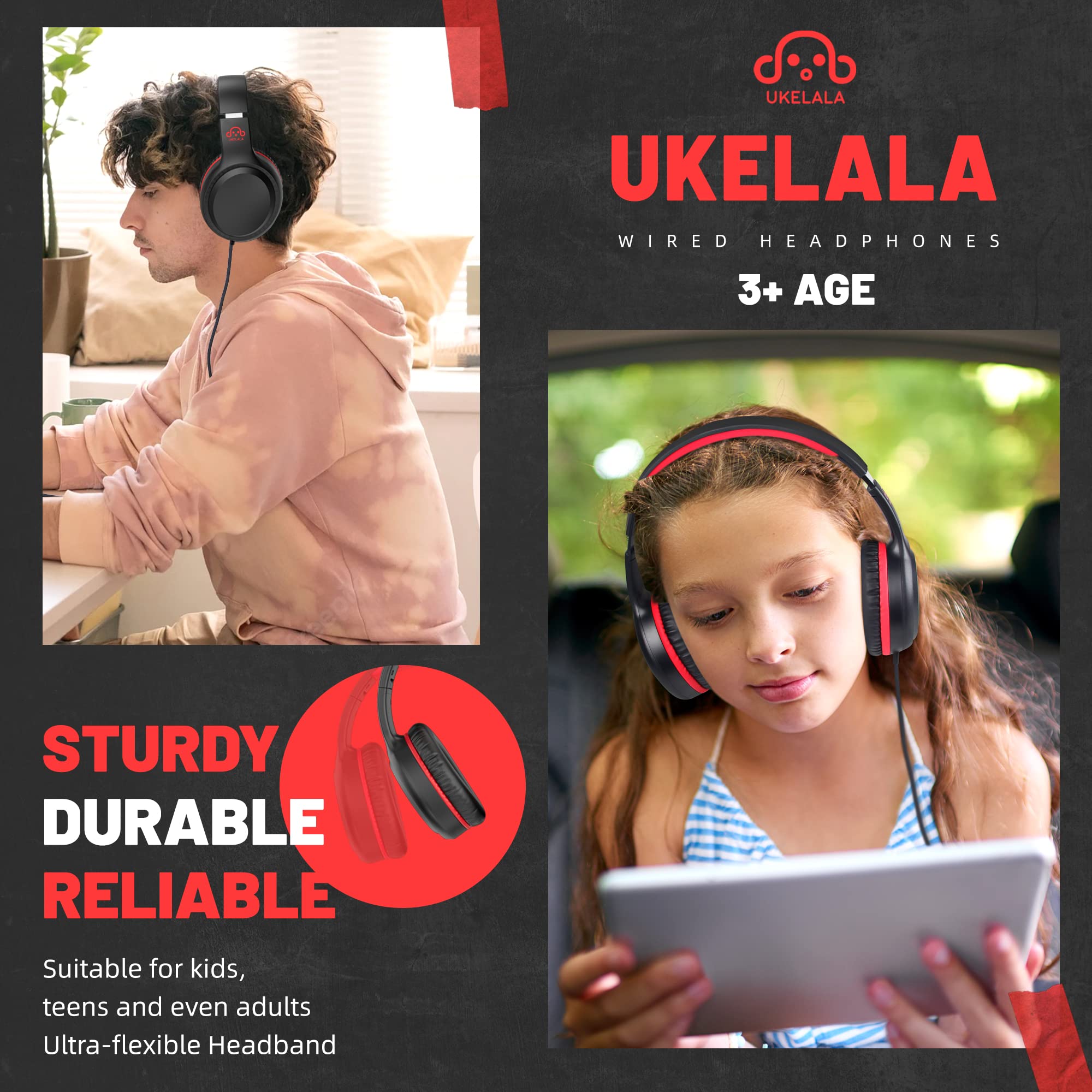 UKELALA On Ear Wired Headphones for Kids Stereo Lightweight Youth Headphones with 4.9 ft NO-Tangle Cord for Girls Toddler 3.5mm Jack Headphones Compatible with chromebooks PC for Kindergarten School