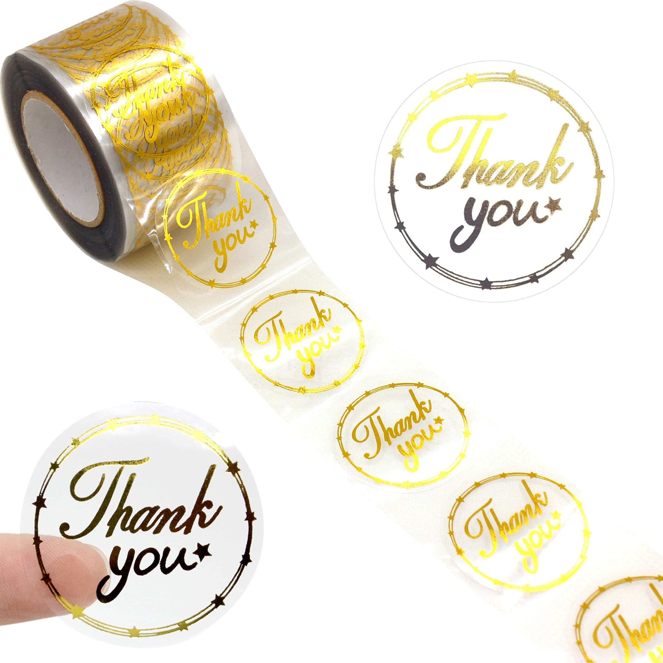 Masper 1.5 inches/500 Thank You Stickers in 6 Clear Gold Foil Designs, Thank You Stickers for Small Business Cards Envelpoes Gifts