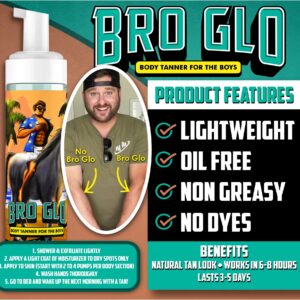 Bro Glo Self Tanner for The Boys - Quick Application Foam Mousse Easy Sunless Tan For Face and Body Oil Free Water Based Faster Skin Drying Natural Sun Kissed Bronze Color Perfect Men Beach Pool Not Required 6.76 FL oz