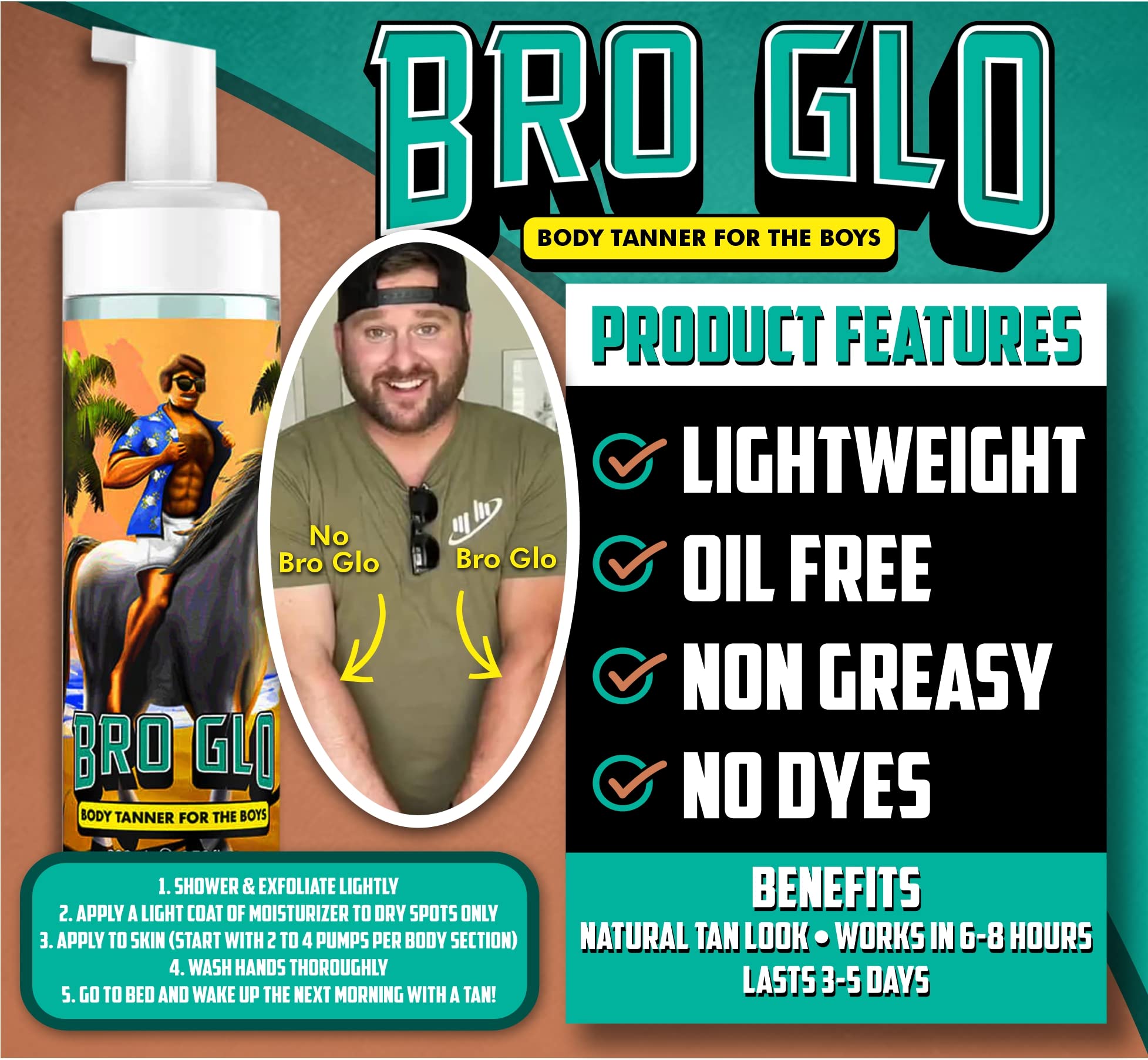 Bro Glo Self Tanner for The Boys - Quick Application Foam Mousse Easy Sunless Tan For Face and Body Oil Free Water Based Faster Skin Drying Natural Sun Kissed Bronze Color Perfect Men Beach Pool Not Required 6.76 FL oz