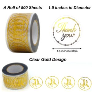 Masper 1.5 inches/500 Thank You Stickers in 6 Clear Gold Foil Designs, Thank You Stickers for Small Business Cards Envelpoes Gifts