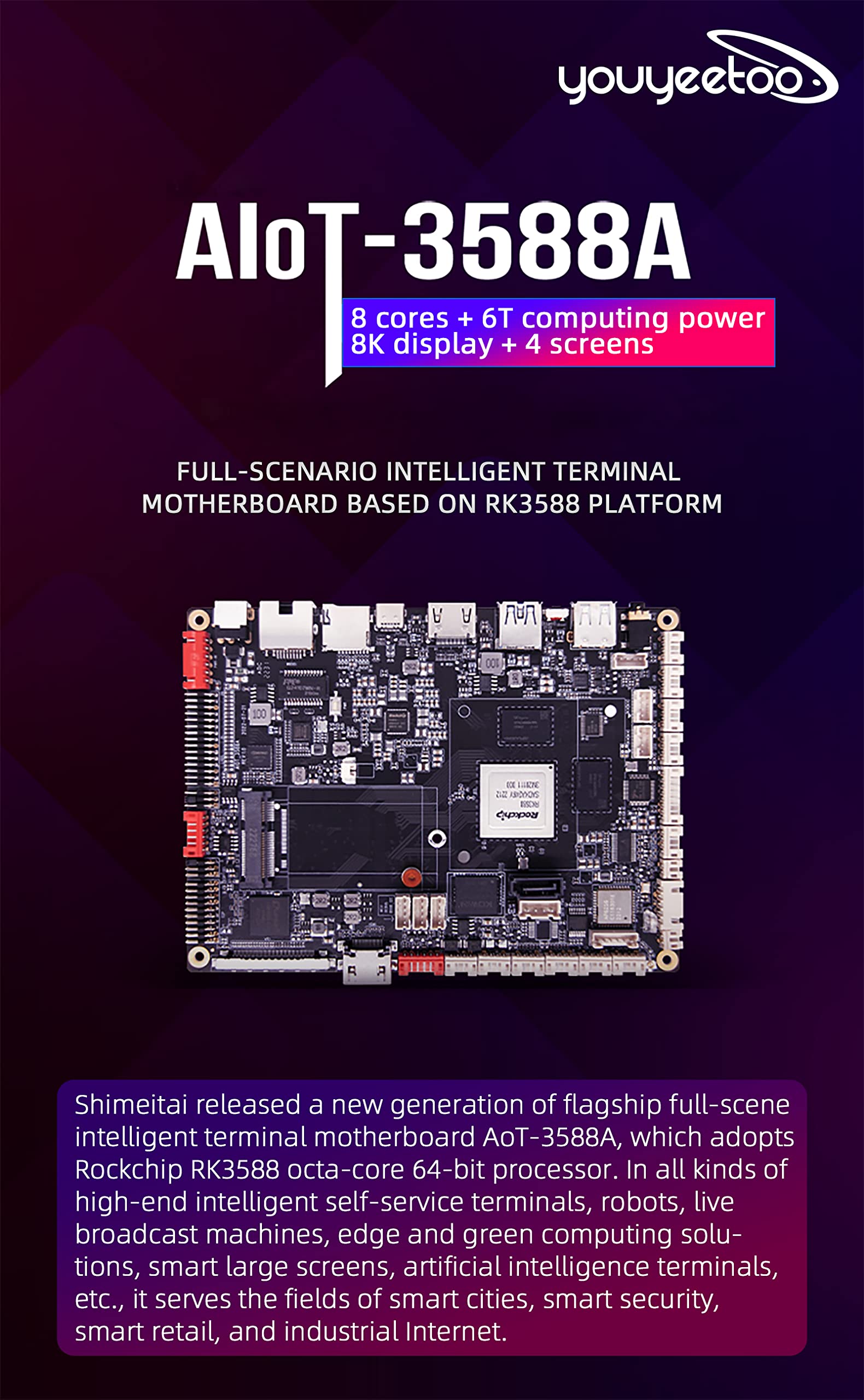 youyeetoo AIOT-3588A Intelligent self-Service Terminal Motherboard, Equipped with Rockchip RK3588 Octa-core, 6 Tops NPU, Android 12.0 (4+32G)