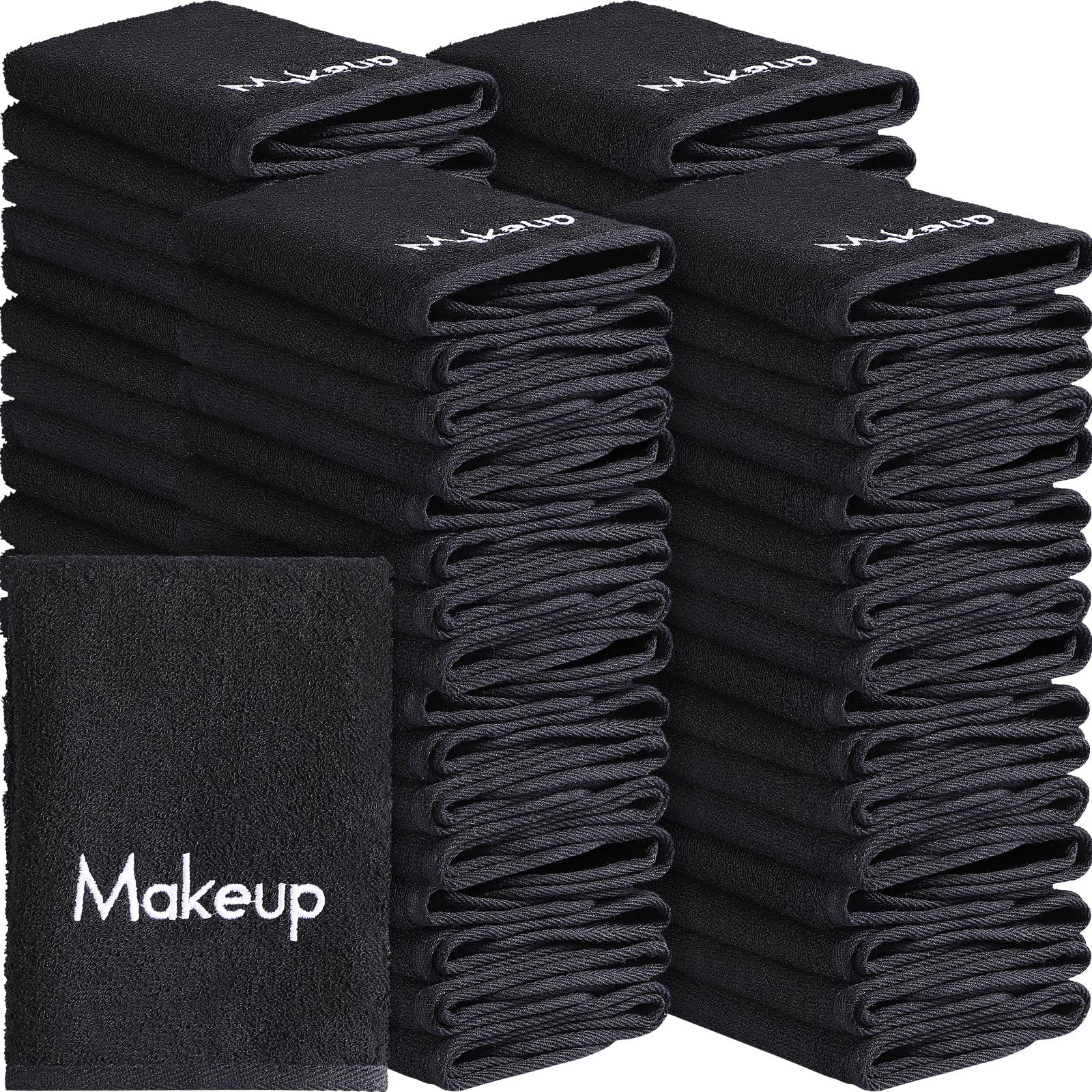 Chumia 72 Pcs Makeup Remover Towels 13 x 13 Face Cotton Washcloths with Makeup Embroidery Black Facial Reusable Makeup Remover Cloth Soft Cleansing Makeup Washcloths for Women