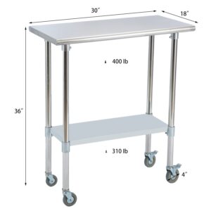 Stainless Steel Work Table w/Undershelf and Casters,30" x 18" inch Commercial Kitchen Work & Prep Table for for Restaurant, Home and Hotel.