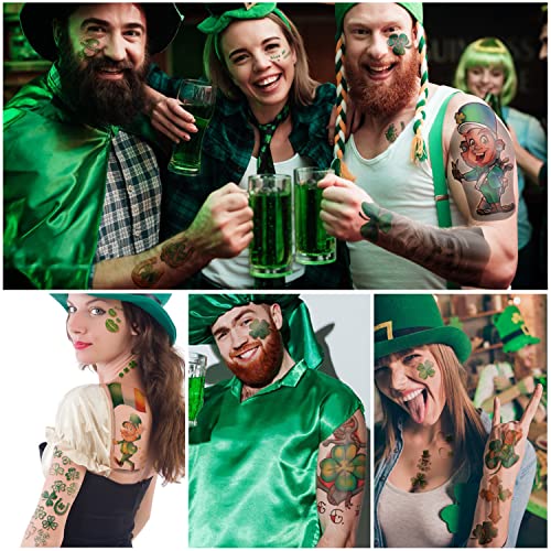 St Patricks Day Temporary Tattoos，70 Sheets 200+ Styles St Patricks Decoration Green Clover Shamrock Leprechauns Irish Flag Party Accessories Fake Tattoo Stickers for Men Women kids