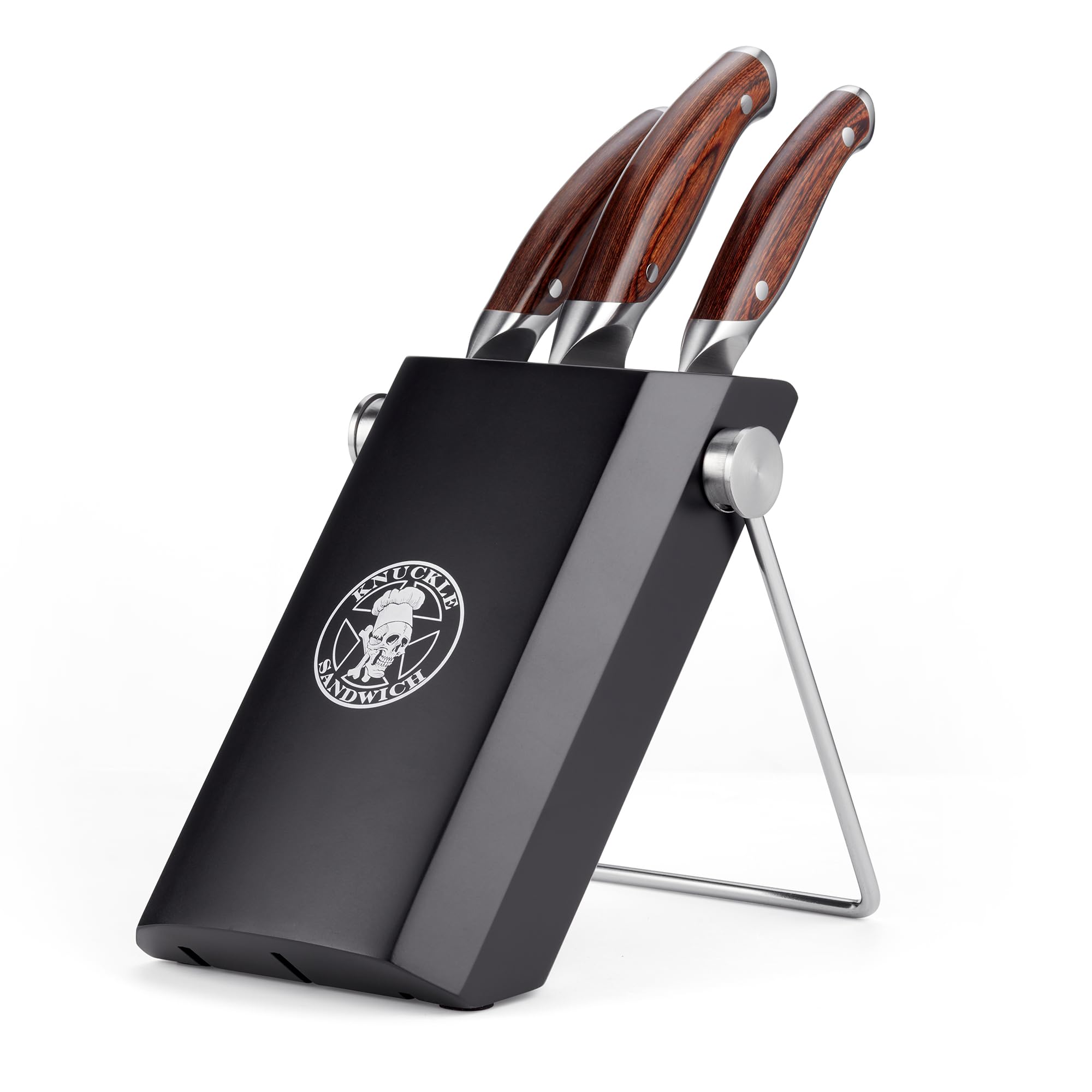 Ergo Chef Guy Fieri Knuckle Sandwich 4pc Knife Block Set Chef knife, Serrated Utility Knife, Paring Knife and Knife Block Premium Stainless Steel Blades with Ergonomic Pakkawood Handles