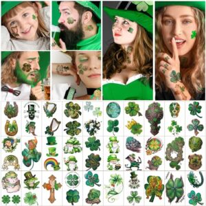 St Patricks Day Temporary Tattoos，70 Sheets 200+ Styles St Patricks Decoration Green Clover Shamrock Leprechauns Irish Flag Party Accessories Fake Tattoo Stickers for Men Women kids