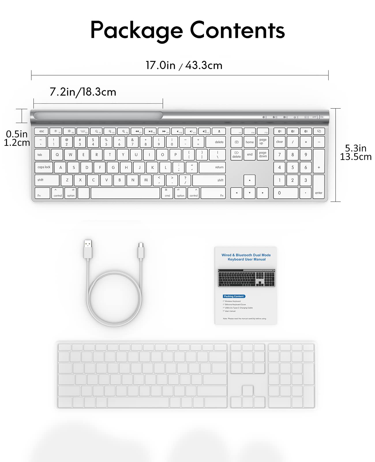 CHESONA Wireless Bluetooth Keyboard, Bluetooth/Wired Dual-Mode Keyboard for MacBook Air/Pro/iMac, Ultra-Slim Rechargeable, Silent Full-Size Keyboard for MacOS/iPadOS/iPhone OS,Silver White