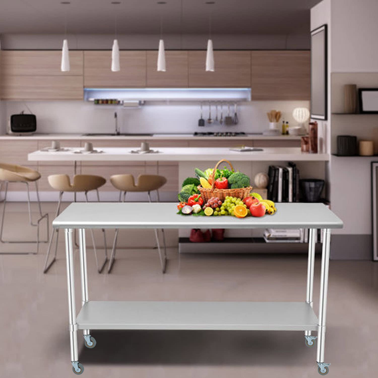 Stainless Steel Work Table w/Undershelf and Casters,30" x 18" inch Commercial Kitchen Work & Prep Table for for Restaurant, Home and Hotel.