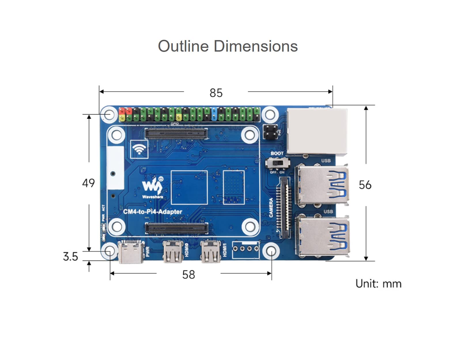 waveshare CM4 to Raspberry Pi 4B Adapter, Alternative Solution for Raspberry Pi 4B, Onboard Standard CM4 Connector, 4-CH USB 3.0 Ports, RJ45 Gigabit Ethernet Port, PoE Header etc.