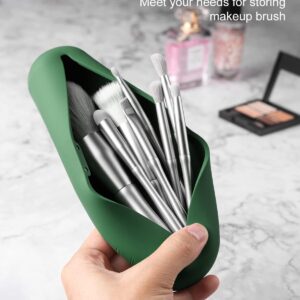 FERYES Makeup Brush Holder, Magnetic Anti-fall Out Silicon Portable Cosmetic Face Brushes Holder, Soft and Sleek Makeup Tools Organizer for Travel- Green