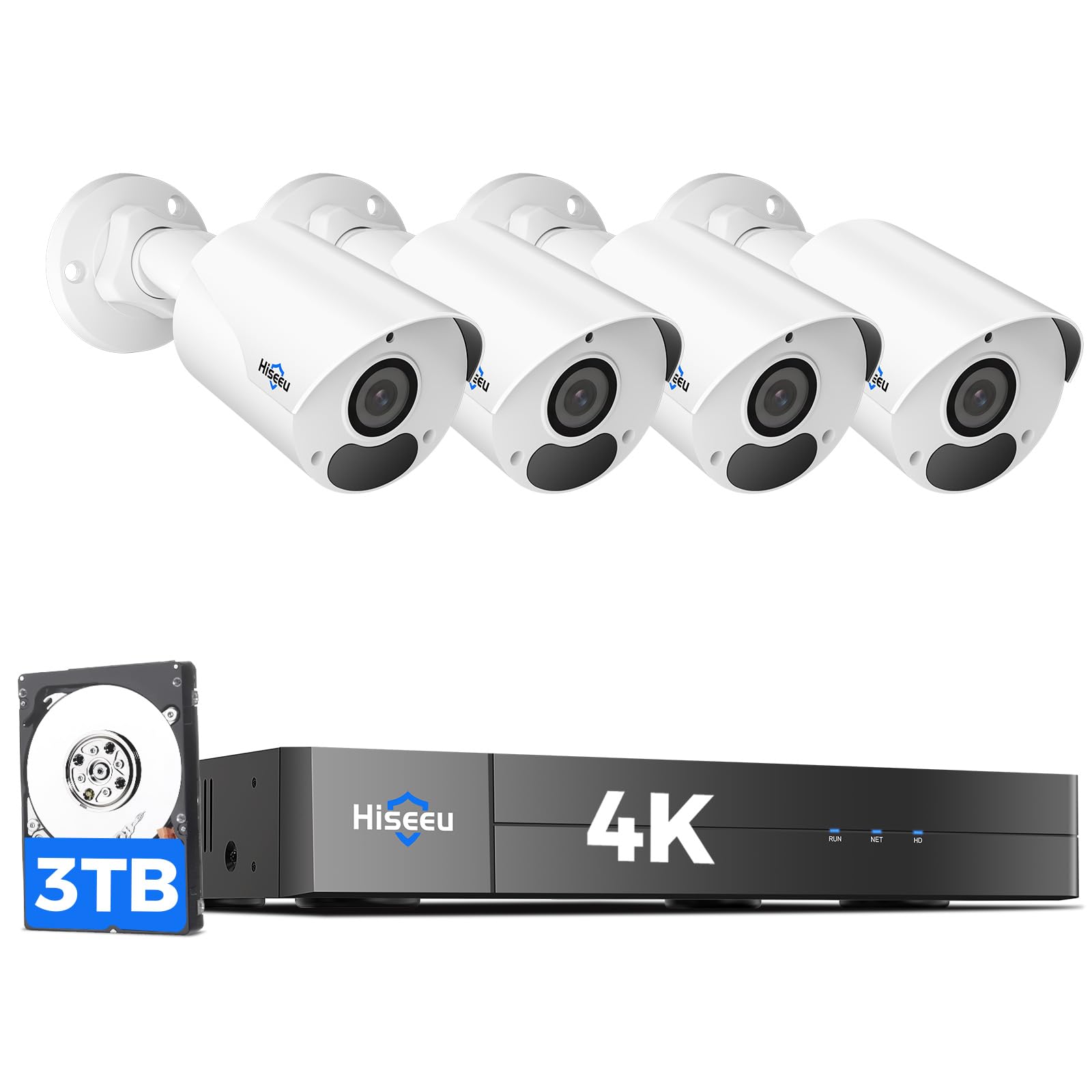 [4K HD+3TB HDD] Hiseeu 4K Security Camera System, PoE Security Camera System w/4pcs IP PoE Cameras, 121° Wide View, IP67 Waterproof, Free Remote Access, WDR, Human Detect, 7/24 Record