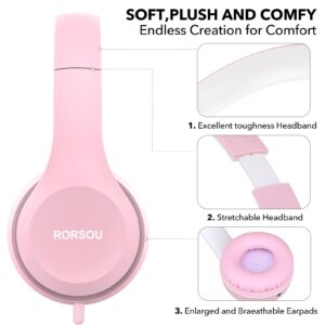 RORSOU K5 Kids Headphones with Microphone for shchool, Volume Limiter 85/94dB, Foldable Stereo Tangle-Free 3.5mm Jack Wired Cord On-Ear Headphones for Children/Boys/Girls/Kindle/Tablet/MP3/4 (Pink)