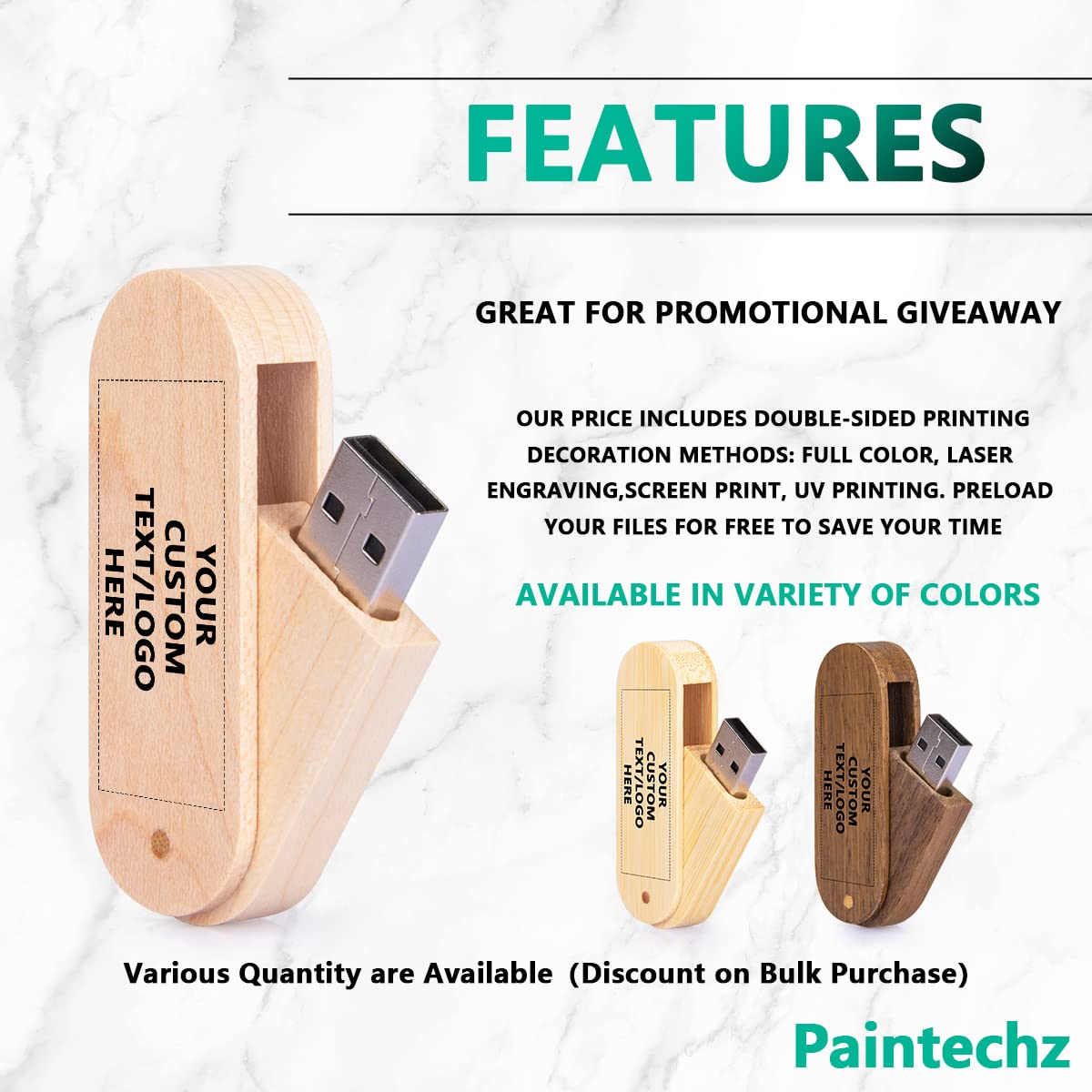 Paintechz Custom Logo Wood USB Flash Drives 100 Pack, Personalized Text Bulk - as Corporate Gifts and Promotional Giveaways - 512MB