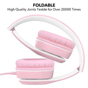 RORSOU K5 Kids Headphones with Microphone for shchool, Volume Limiter 85/94dB, Foldable Stereo Tangle-Free 3.5mm Jack Wired Cord On-Ear Headphones for Children/Boys/Girls/Kindle/Tablet/MP3/4 (Pink)