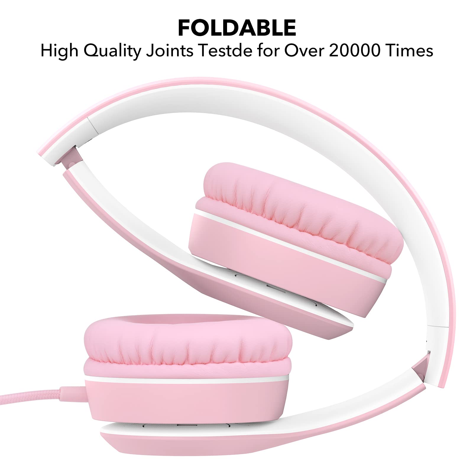 RORSOU K5 Kids Headphones with Microphone for shchool, Volume Limiter 85/94dB, Foldable Stereo Tangle-Free 3.5mm Jack Wired Cord On-Ear Headphones for Children/Boys/Girls/Kindle/Tablet/MP3/4 (Pink)