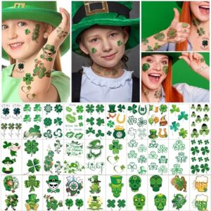 St Patricks Day Temporary Tattoos，70 Sheets 200+ Styles St Patricks Decoration Green Clover Shamrock Leprechauns Irish Flag Party Accessories Fake Tattoo Stickers for Men Women kids