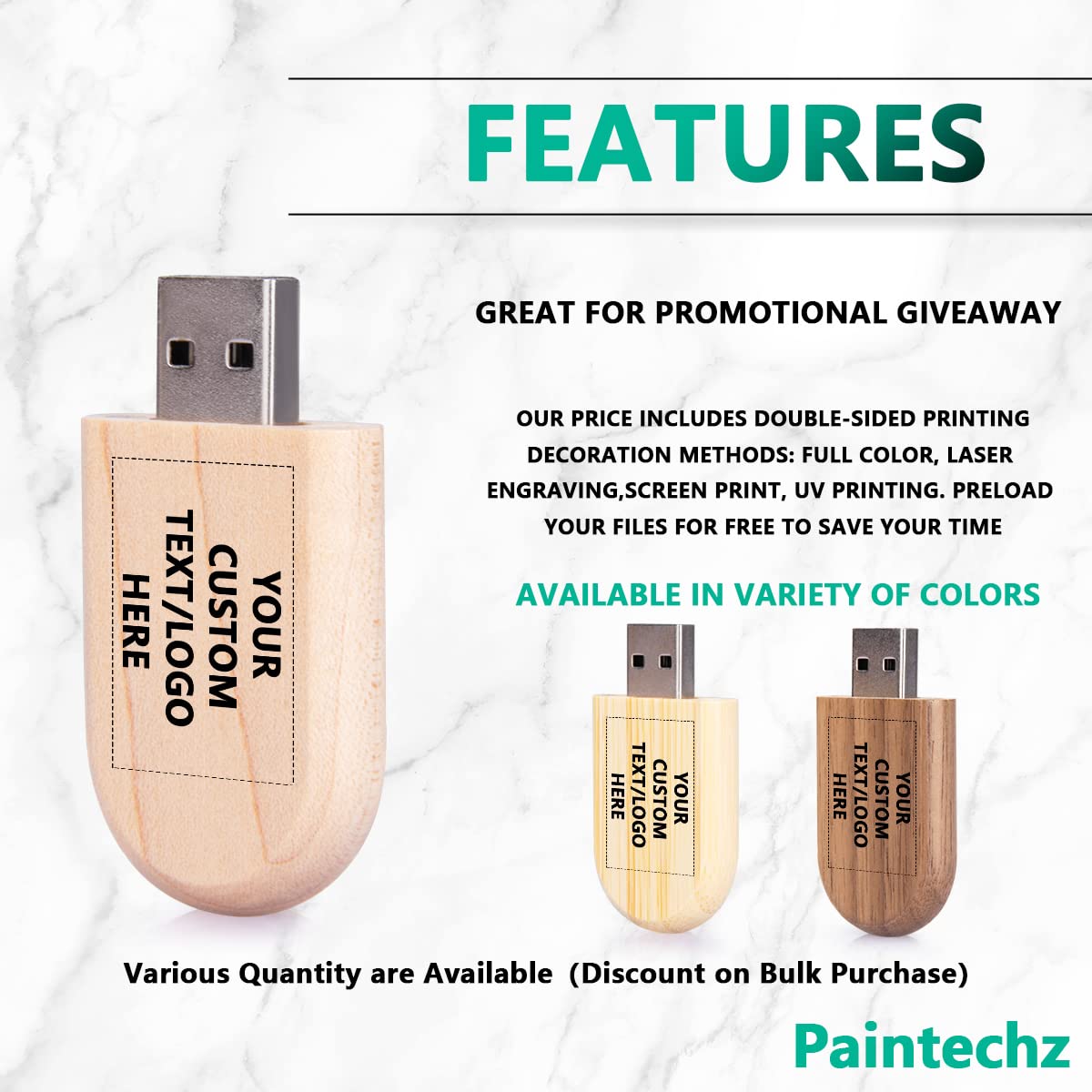 Paintechz Custom Logo Wood USB Flash Drives 100 Pack, Personalized Text Bulk - as Corporate Gifts and Promotional Giveaways - 512MB