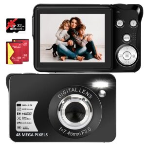 2.7k digital camera,hd compact camera 16x digital zoom with 32gb sd card and 2 batteries (black)