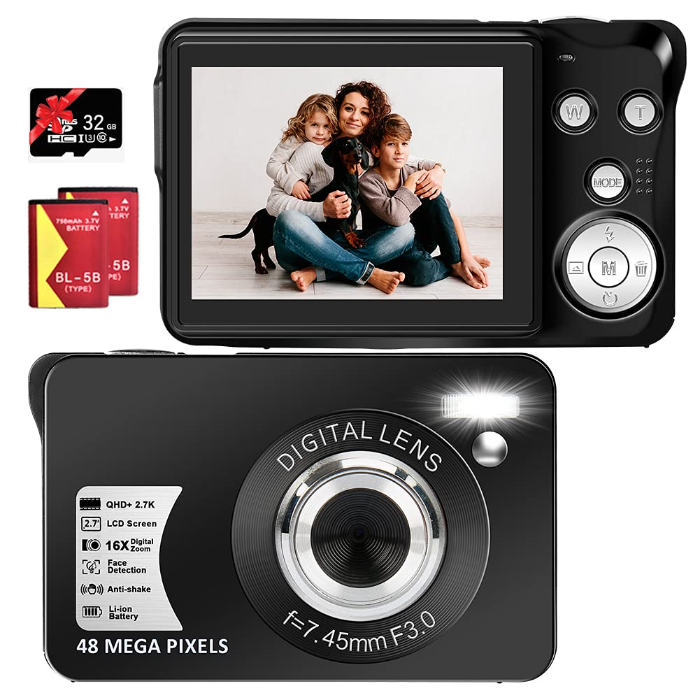 2.7K Digital Camera,HD Compact Camera 16X Digital Zoom with 32GB SD Card and 2 Batteries (Black)