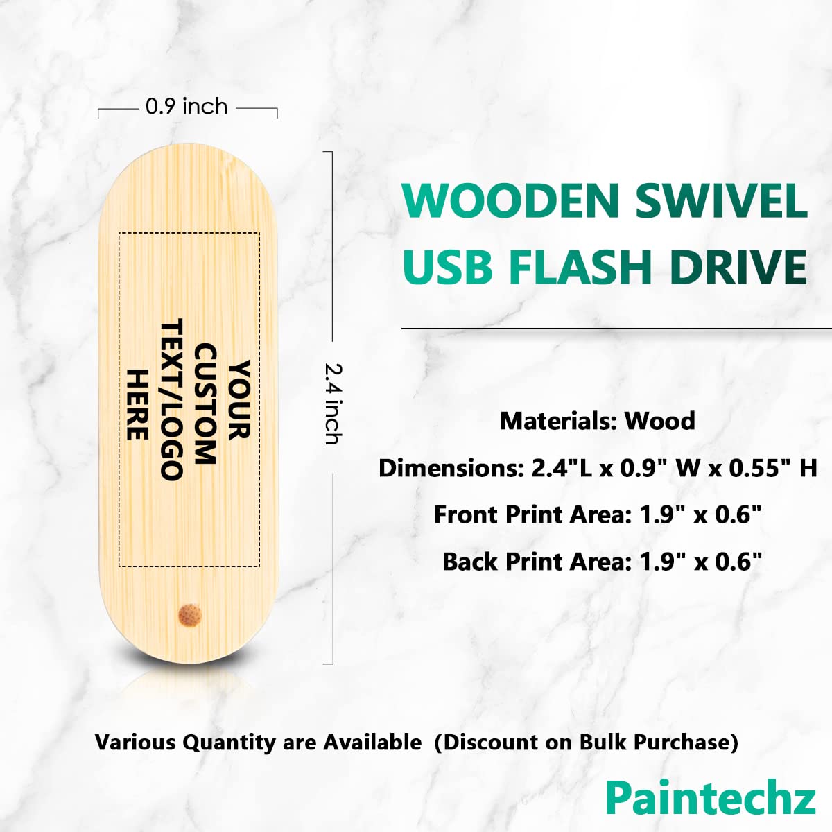 Paintechz Custom Logo Wood USB Flash Drives 100 Pack, Personalized Text Bulk - as Corporate Gifts and Promotional Giveaways - 512MB