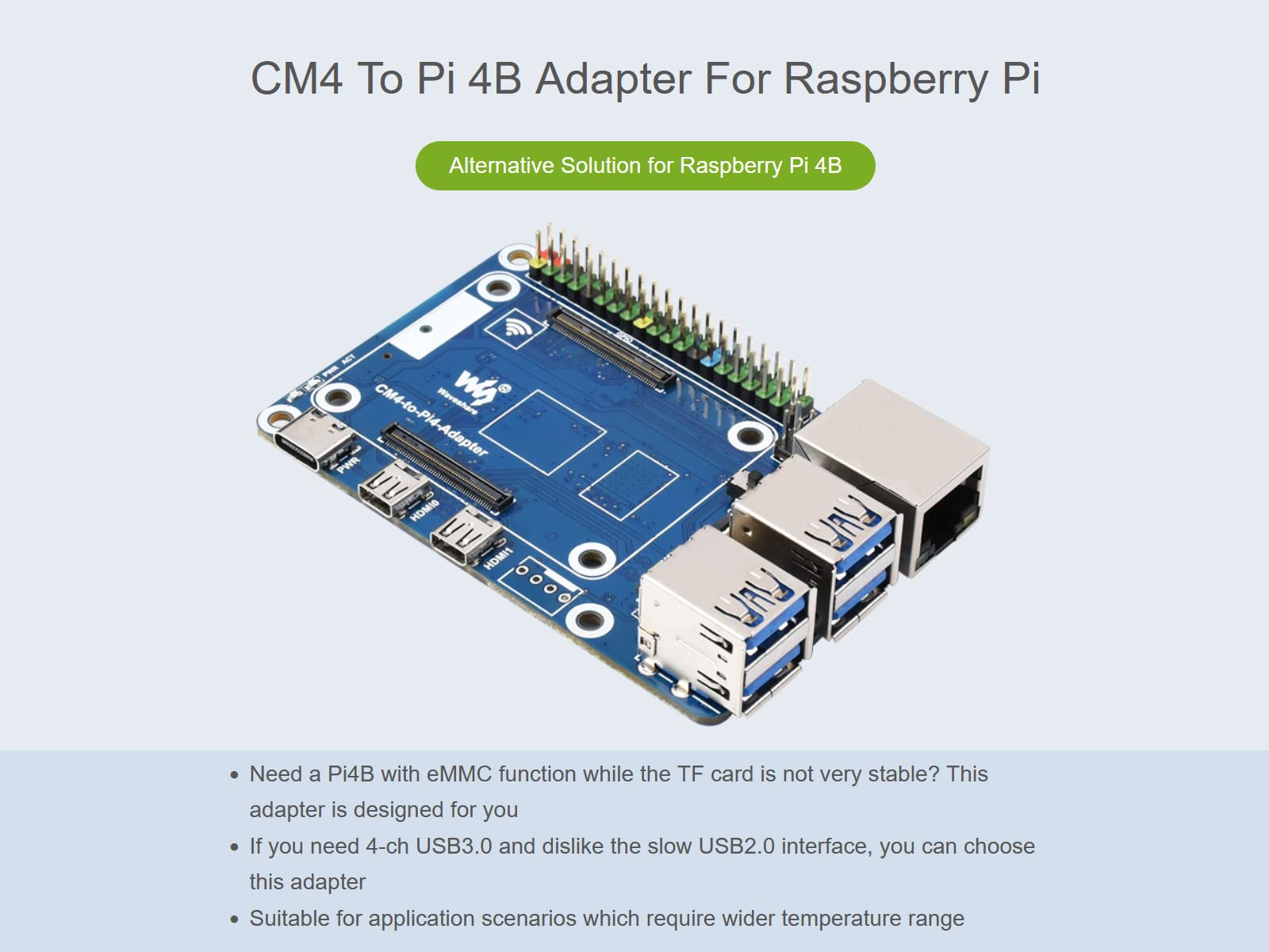 waveshare CM4 to Raspberry Pi 4B Adapter, Alternative Solution for Raspberry Pi 4B, Onboard Standard CM4 Connector, 4-CH USB 3.0 Ports, RJ45 Gigabit Ethernet Port, PoE Header etc.