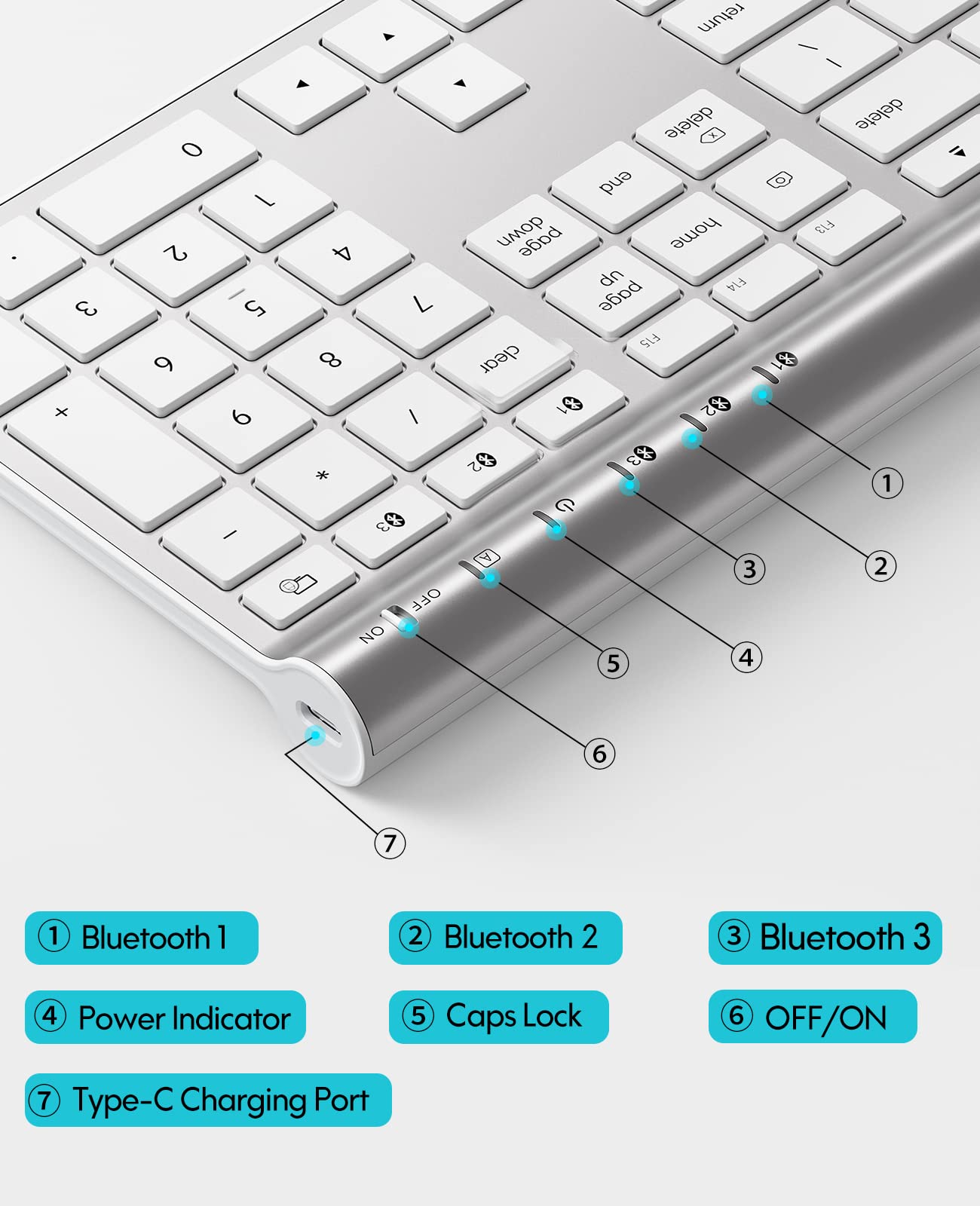 CHESONA Wireless Bluetooth Keyboard, Bluetooth/Wired Dual-Mode Keyboard for MacBook Air/Pro/iMac, Ultra-Slim Rechargeable, Silent Full-Size Keyboard for MacOS/iPadOS/iPhone OS,Silver White