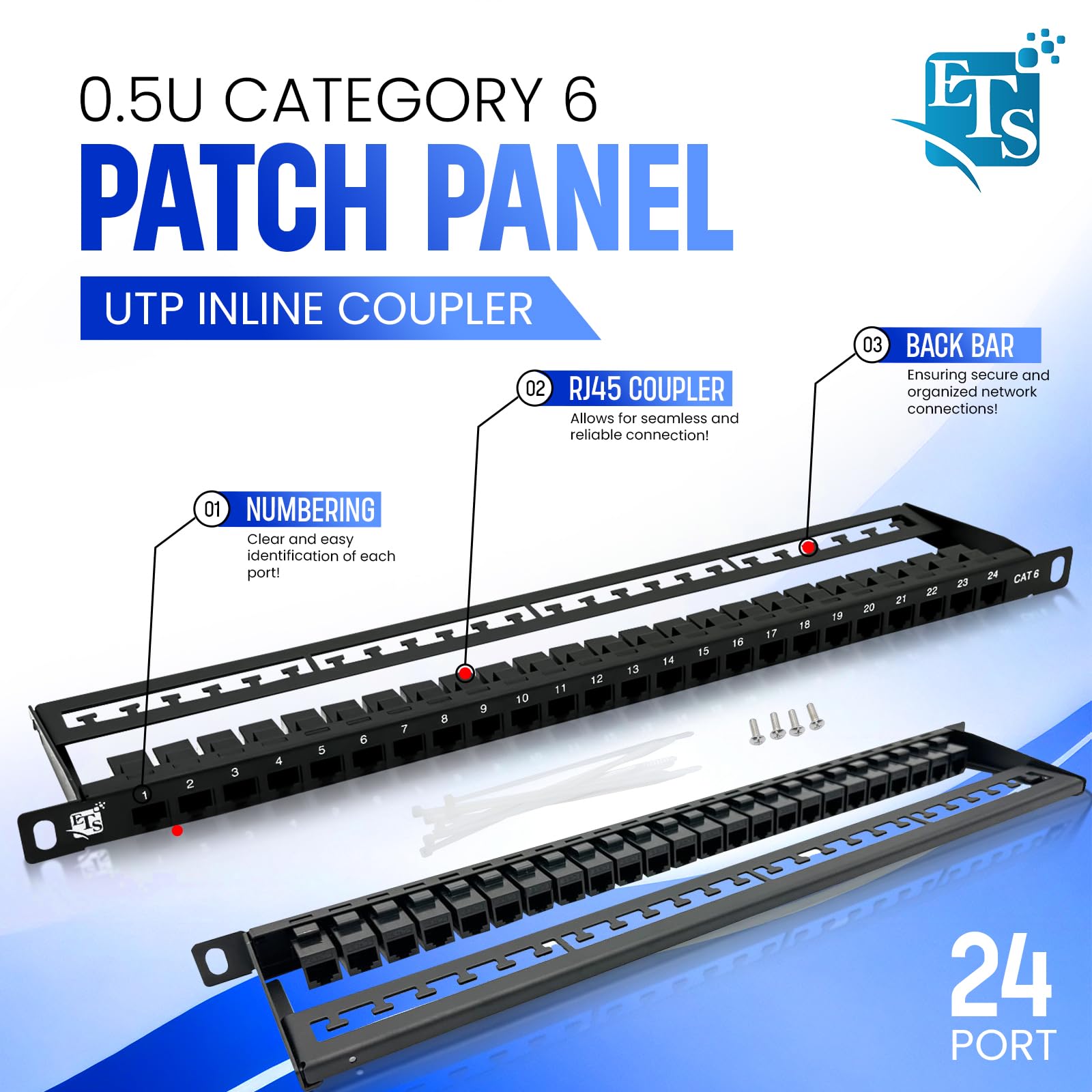 ETS 24 Port Patch Panel CAT6 0.5U Inline Pass Through Keystone Coupler UTP High Density