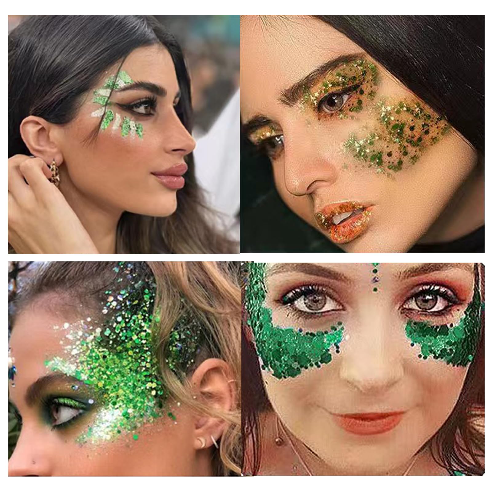 Yeweian St Patricks Day Green Body Glitters, Green Face Glitter Gel Mermaid Sequins Holographic Chunky Glitter, Lip Eye Hair Body Glitter Makeup, Green Liquid Eyeshadow Festival Rave Accessories,50g