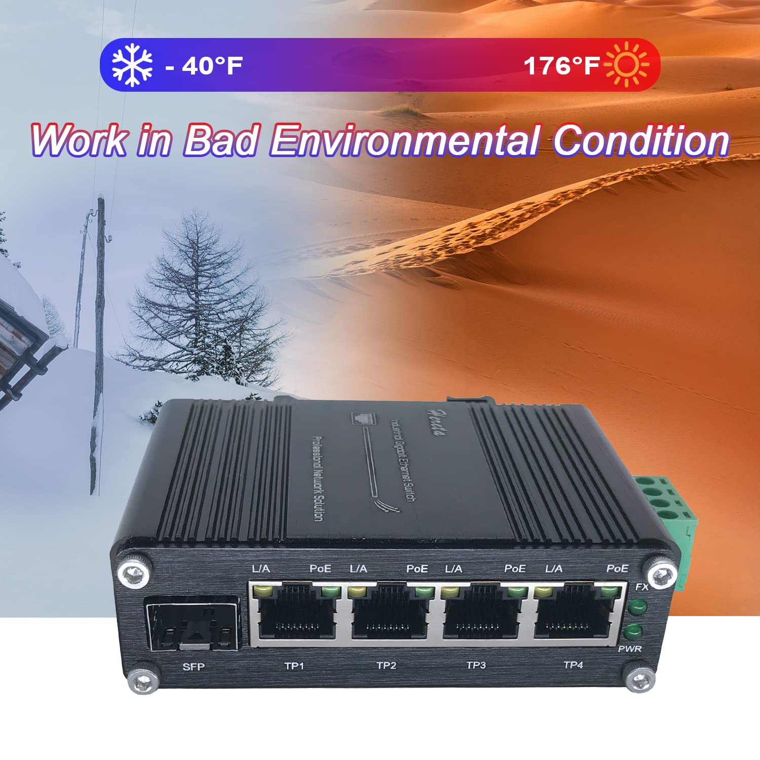 Industrial 5-Port Switch Gigabit PoE+ Ethernet Switch 4 Ports 120W PoE+ Injector 10/100/1000Base-T & 1 Port 100/1000Base-X Dual Rate SFP 12~48VDC Wide Range Power Input