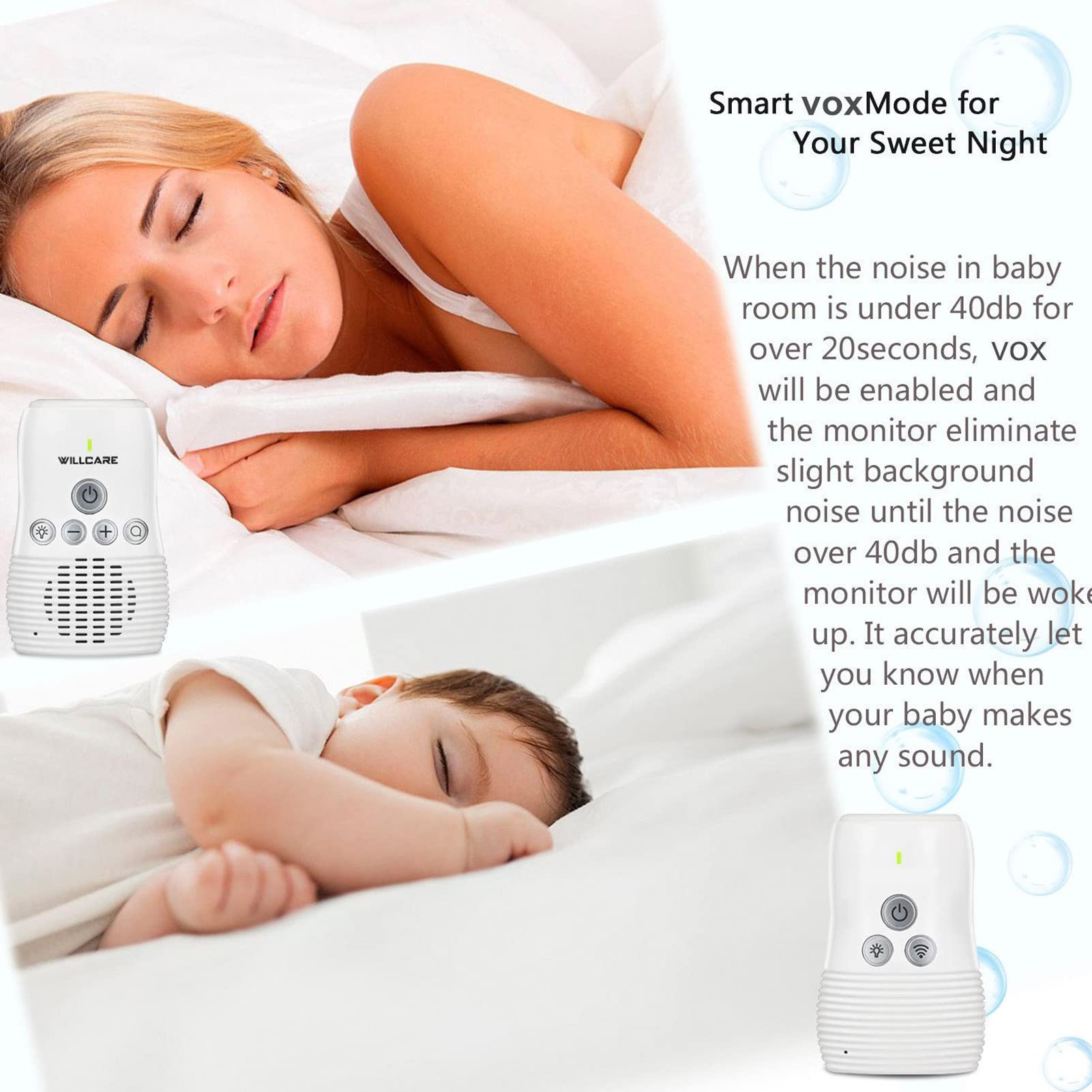 Audio Baby Monitor, 2.4GHz Wireless Audio Baby Monitor, Two Way Intercom Baby Care Monitor with Night Light 100‑240V (US Plug)